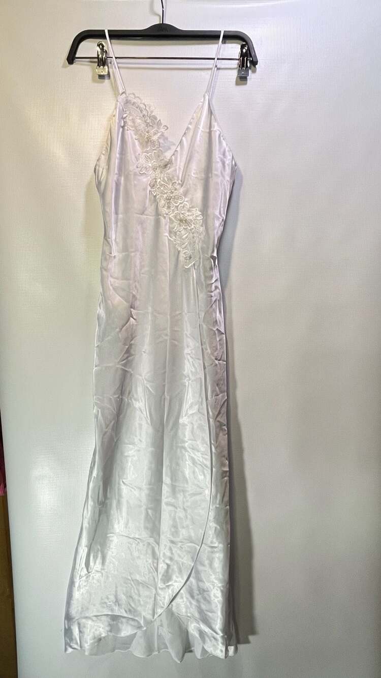 Intimé of California White Satin Lace Applique Cami Strap Midi Dress